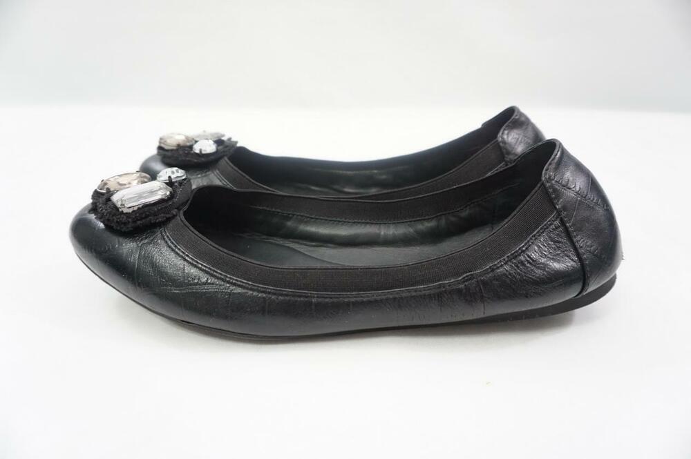KATE SPADE NEW YORK USED 10 M BLACK LEATHER BALLET FLATS JEWELED/CRYSTALS